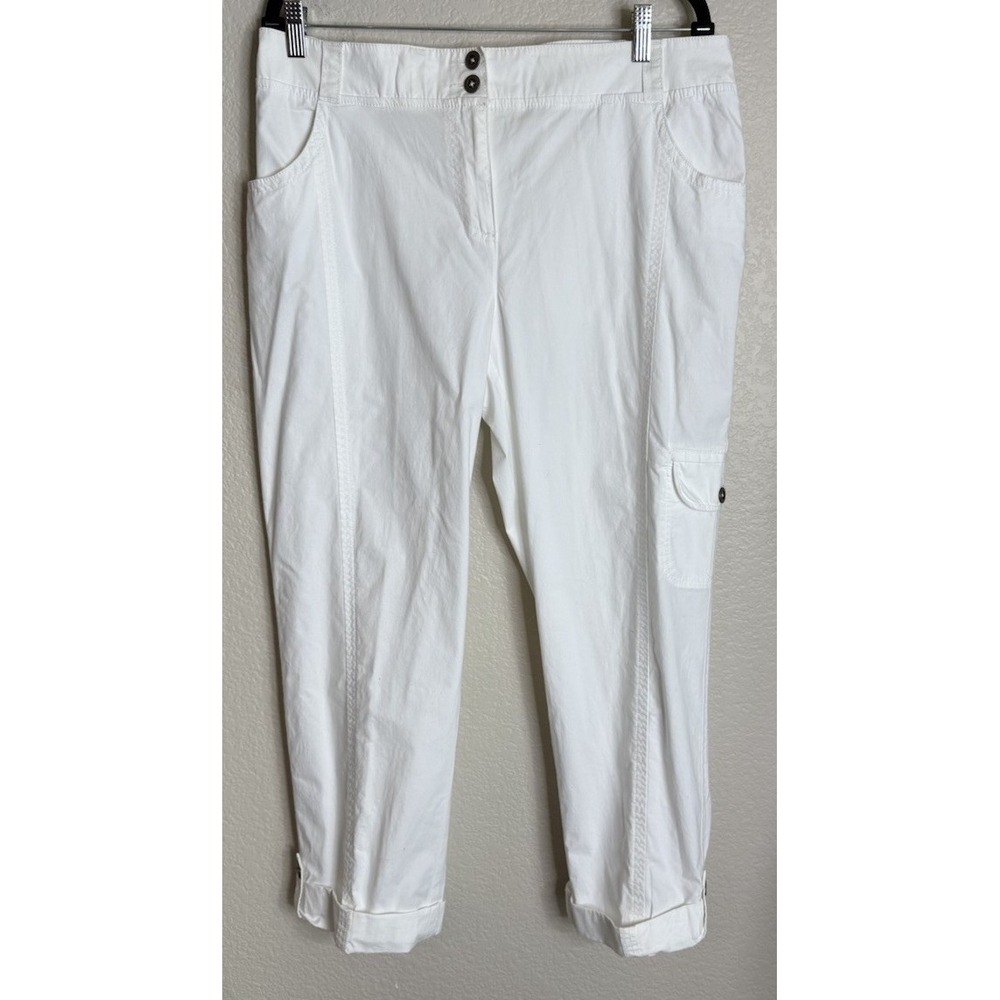 Chicos 2 US Large White Cargo Cropped Pants Stretch Cotton Utility Cuffed Hem